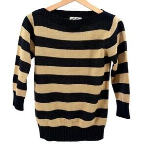 Vintage 80s Clovis Ruffin Black Gold Metallic Striped Boat Neck Knit Sweater